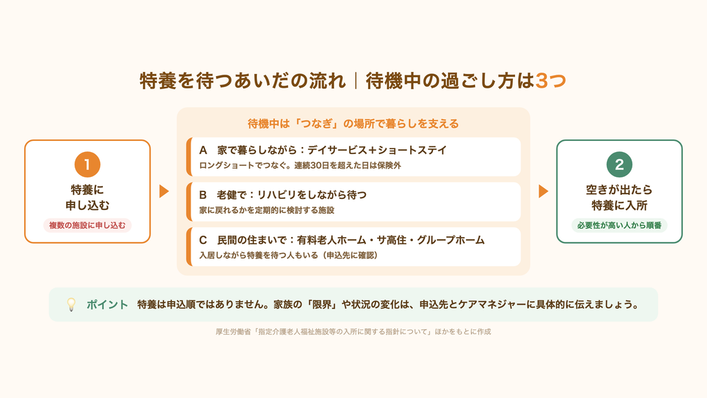 特養を待つあいだの流れの図。特養に申し込んだら、待機中は3つの「つなぎ」の場所で暮らしを支える。A 家で暮らしながらデイサービスとショートステイ（ロングショート・連続30日を超えた日は保険外）、B 老健でリハビリをしながら待つ、C 有料老人ホーム・サ高住・グループホームに入居しながら待つ。特養は申込順ではなく、必要性が高い人から入所する